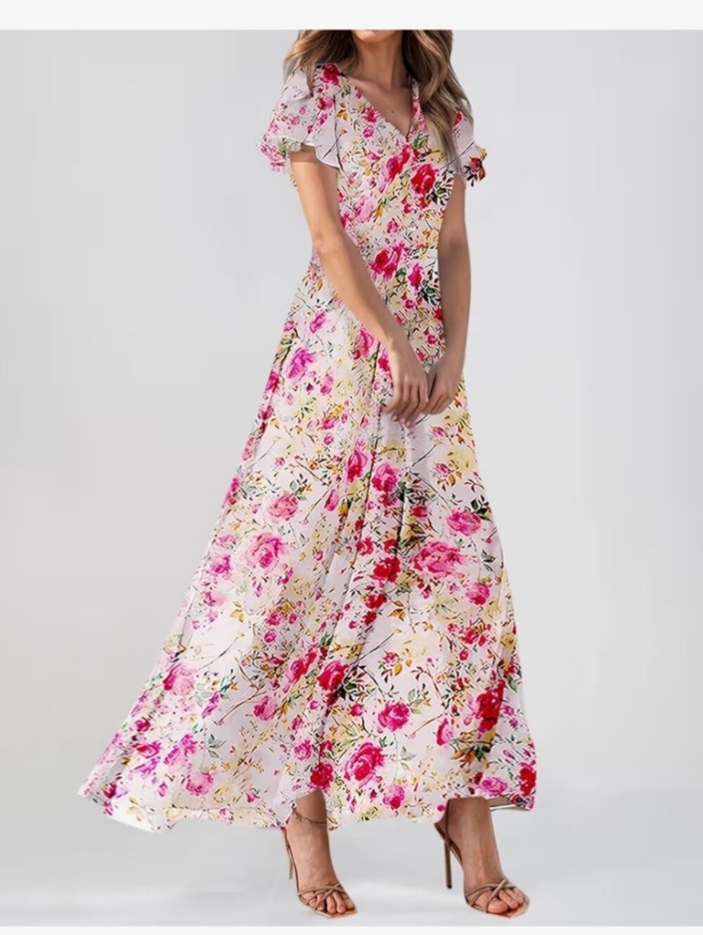 Pink Floral Maxi Dress with V-Neck #130